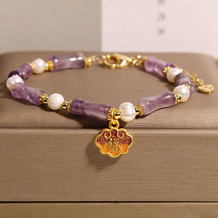 Buddha Stones Natural Peace Lock Bamboo Shape Fu Character Amethyst Pearl Balance Bracelet - Amethyst(Wrist Circumference: 18-22cm) - image 1