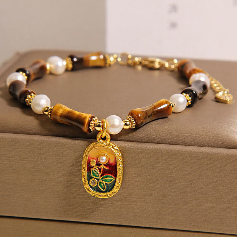 Buddha Stones Natural Bamboo Tiger Eye Pearl Strength Bracelet - image 2