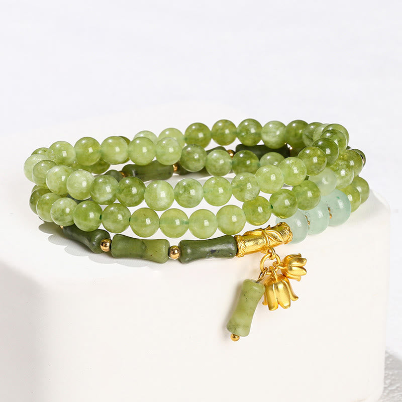Buddha Stones Retro Multilayer Lily of the Valley Bamboo Green Chalcedony Strength Bracelet - image 4