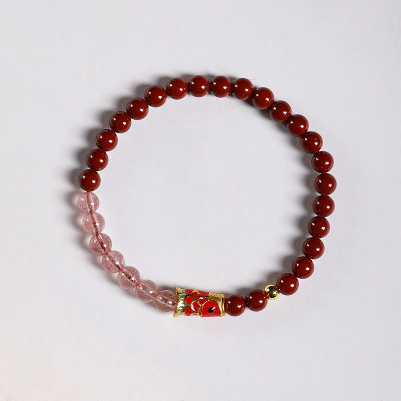 Buddha Stones Natural Cinnabar Pink Crystal Strawberry Quartz Lucky Koi Fish Blessing Bracelet - image 3