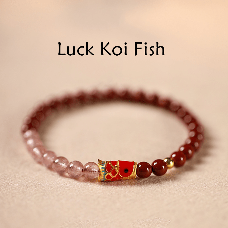 Buddha Stones Natural Cinnabar Pink Crystal Strawberry Quartz Lucky Koi Fish Blessing Bracelet - Cinnabar-5mm & Strawberry Quartz & Big Koi - image 1