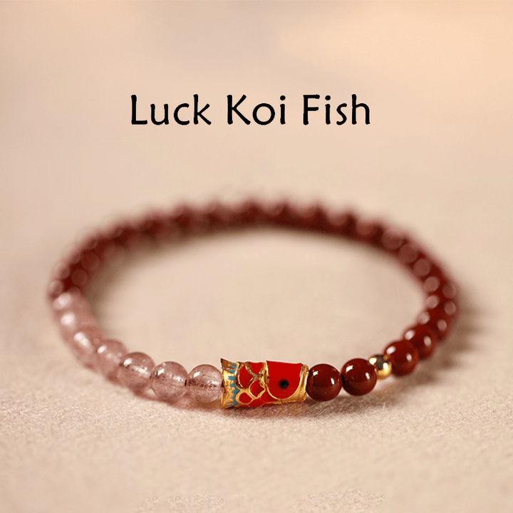Buddha Stones Natural Cinnabar Pink Crystal Strawberry Quartz Lucky Koi Fish Blessing Bracelet - Cinnabar-5mm & Strawberry Quartz & Big Koi - image 1