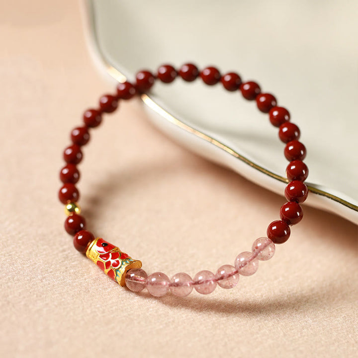 Buddha Stones Natural Cinnabar Pink Crystal Strawberry Quartz Lucky Koi Fish Blessing Bracelet - image 2