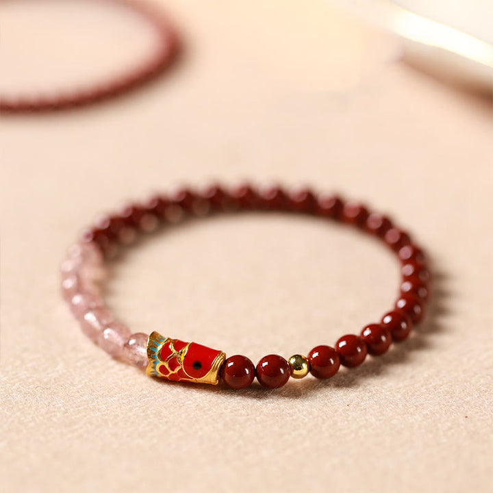 Buddha Stones Natural Cinnabar Pink Crystal Strawberry Quartz Lucky Koi Fish Blessing Bracelet - image 4