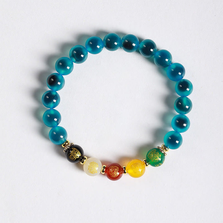 Buddha Stones Natural Colorful Candy Agate Five Gods Of Wealth Harmony Bracelet - Blue Candy Agate(Wrist Circumference: 14-15cm) - image 1