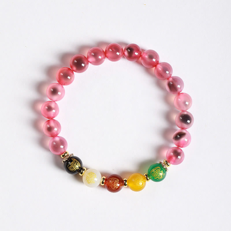 Buddha Stones Natural Colorful Candy Agate Five Gods Of Wealth Harmony Bracelet - Pink Candy Agate(Wrist Circumference: 14-15cm) - image 4