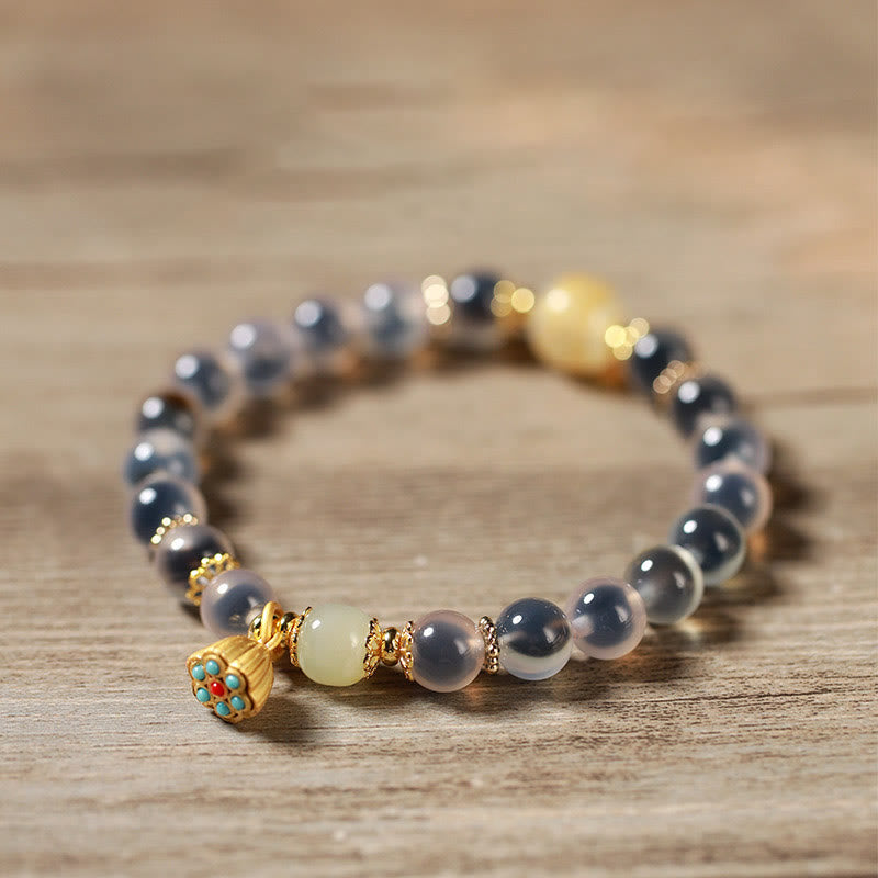 Buddha Stones Natural Colorful Candy Agate Golden Lotus Pod Healing Bracelet - image 13