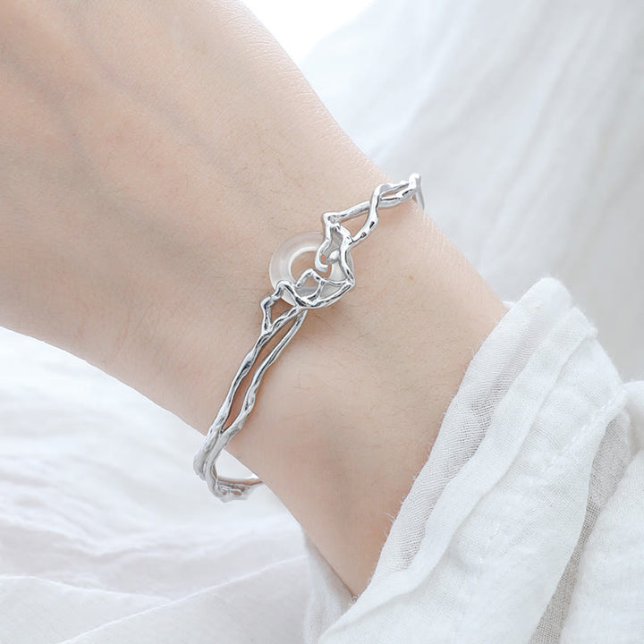 Buddha Stones 925 Sterling Silver Peace Buckle White Agate Protection Bracelet Bangle - image 2