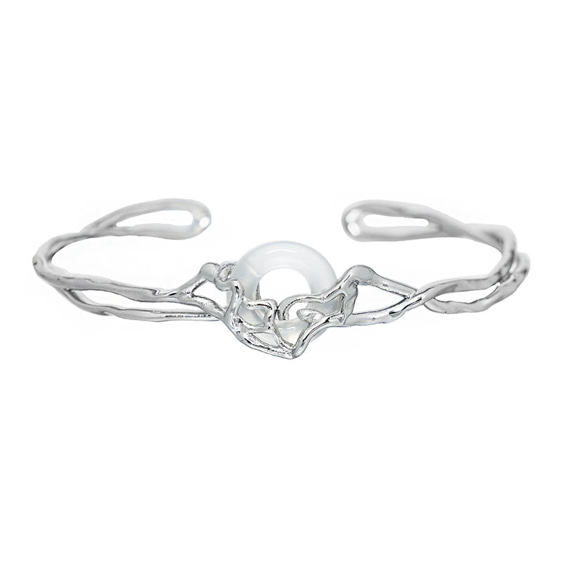 Buddha Stones 925 Sterling Silver Peace Buckle White Agate Protection Bracelet Bangle - image 5