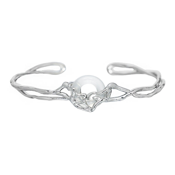 Buddha Stones 925 Sterling Silver Peace Buckle White Agate Protection Bracelet Bangle - image 5