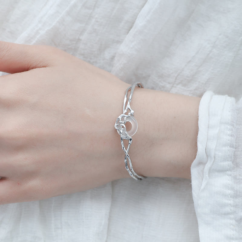 Buddha Stones 925 Sterling Silver Peace Buckle White Agate Protection Bracelet Bangle - image 3