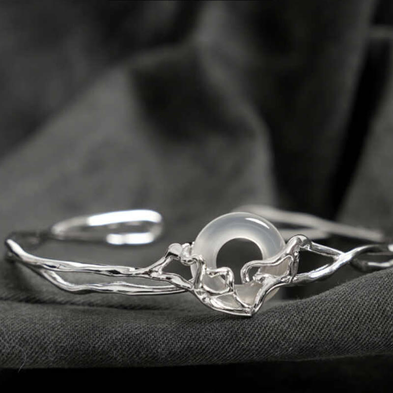 Buddha Stones 925 Sterling Silver Peace Buckle White Agate Protection Bracelet Bangle - White Agate(Wrist Circumference: 13-16cm) - image 1