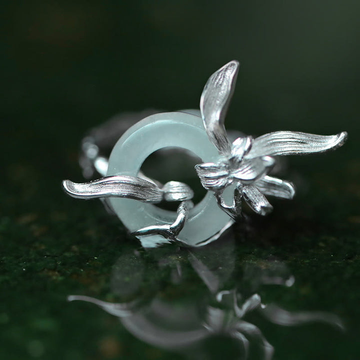 Buddha Stones 925 Sterling Silver Iris Design Peace Buckle Quartzite Jade Balance Ring - Quartzite Jade(Ring Size: 52-58mm) - image 1