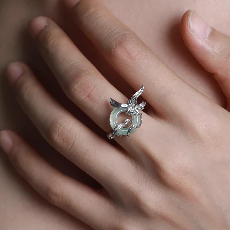 Buddha Stones 925 Sterling Silver Iris Design Peace Buckle Quartzite Jade Balance Ring - image 5