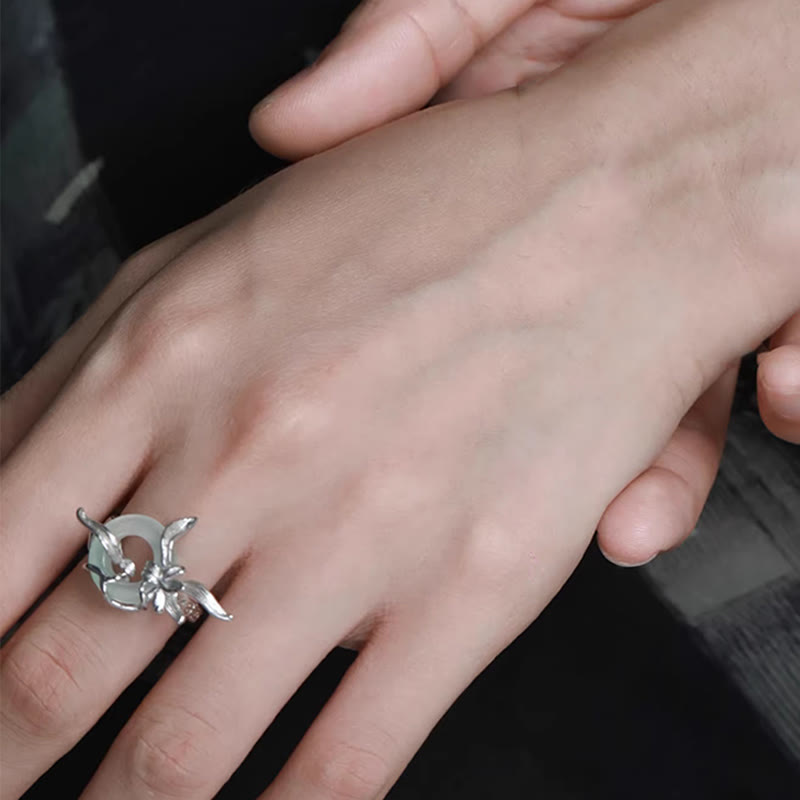 Buddha Stones 925 Sterling Silver Iris Design Peace Buckle Quartzite Jade Balance Ring - image 10