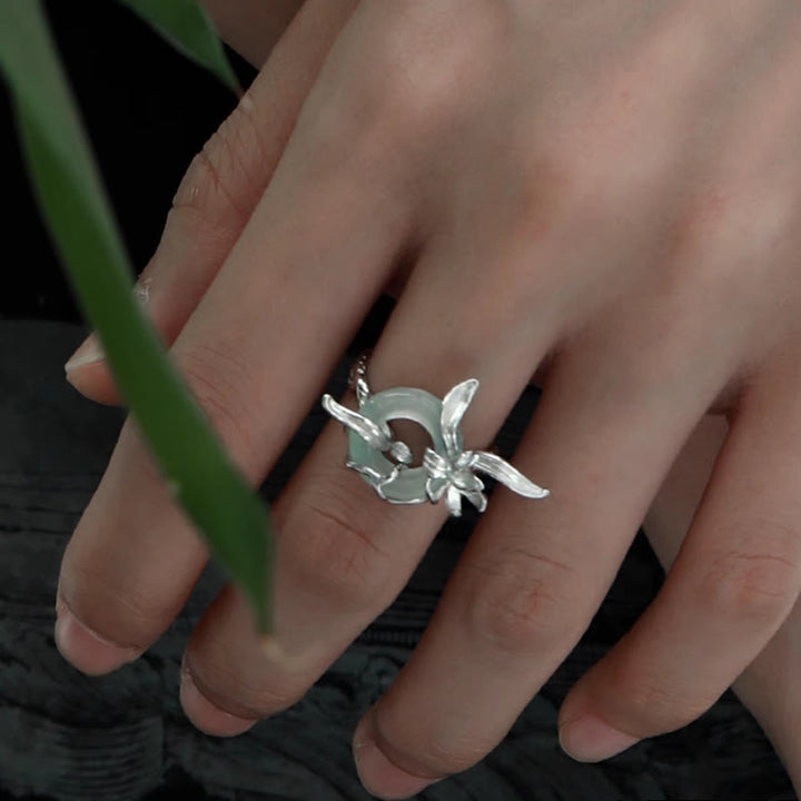 Buddha Stones 925 Sterling Silver Iris Design Peace Buckle Quartzite Jade Balance Ring - image 2