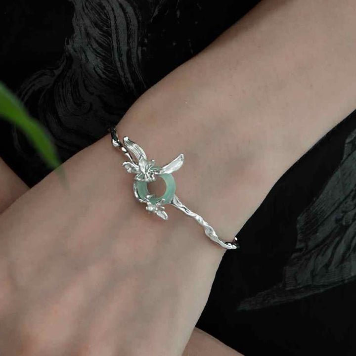 Buddha Stones 925 Sterling Silver Iris Peace Buckle Quartzite Jade Protection Bracelet Bangle - image 4