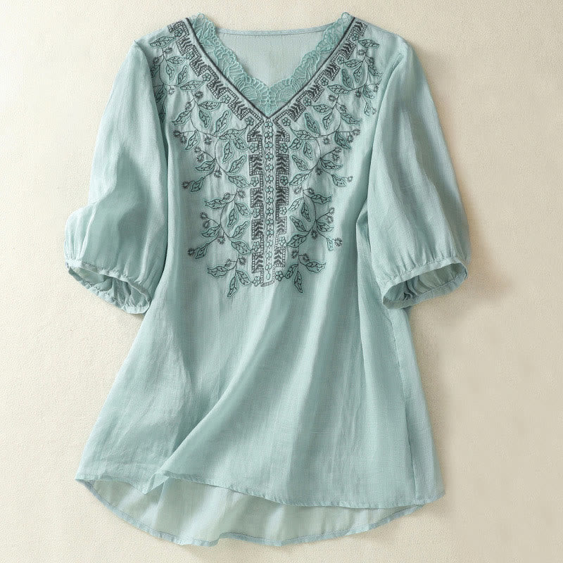 Buddha Stones Embroidered Lace Casual Women's Cotton Linen Half Sleeve T-shirt - LightSkyBlue - US8-10,UK/AU12-14,EU40-42 (2XL) - image 9