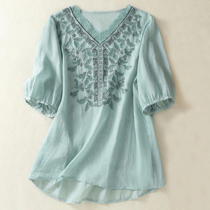Buddha Stones Embroidered Lace Casual Women's Cotton Linen Half Sleeve T-shirt - LightSkyBlue - US8-10,UK/AU12-14,EU40-42 (2XL) - image 9