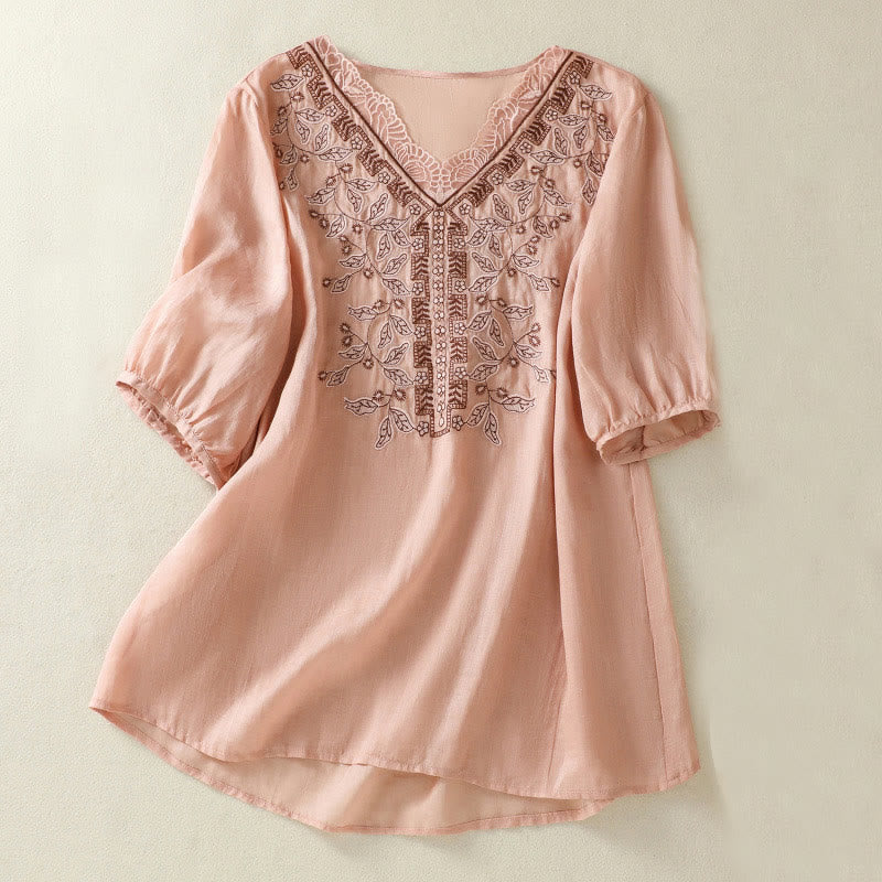 Buddha Stones Embroidered Lace Casual Women's Cotton Linen Half Sleeve T-shirt - Pink - US8-10,UK/AU12-14,EU40-42 (2XL) - image 20