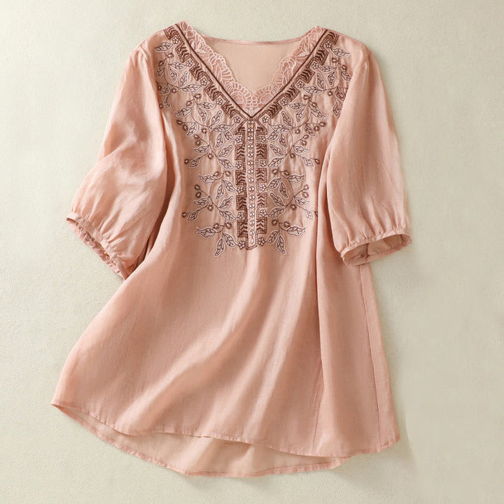 Buddha Stones Embroidered Lace Casual Women's Cotton Linen Half Sleeve T-shirt - Pink - US8-10,UK/AU12-14,EU40-42 (2XL) - image 20