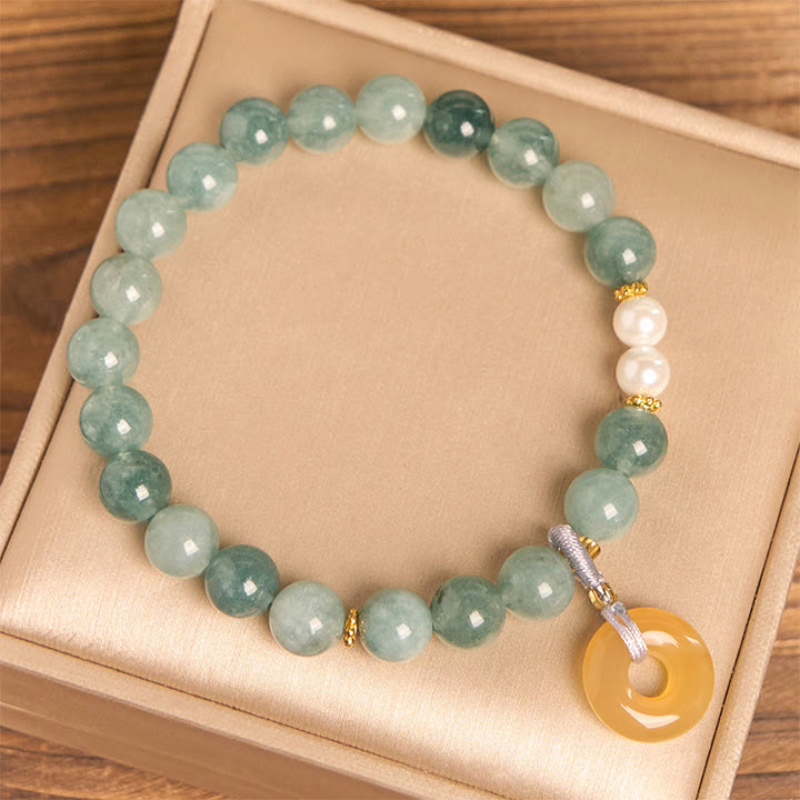 Buddha Stones Blue Jade Peace Buckle Pearl Beads Prosperity Bracelet