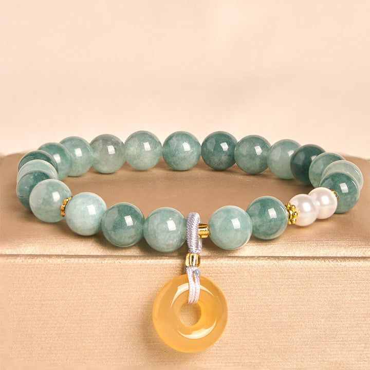 Buddha Stones Blue Jade Peace Buckle Pearl Beads Prosperity Bracelet