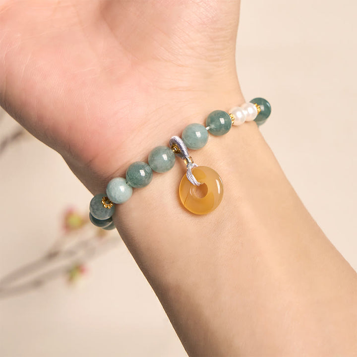 Buddha Stones Blue Jade Peace Buckle Pearl Beads Prosperity Bracelet