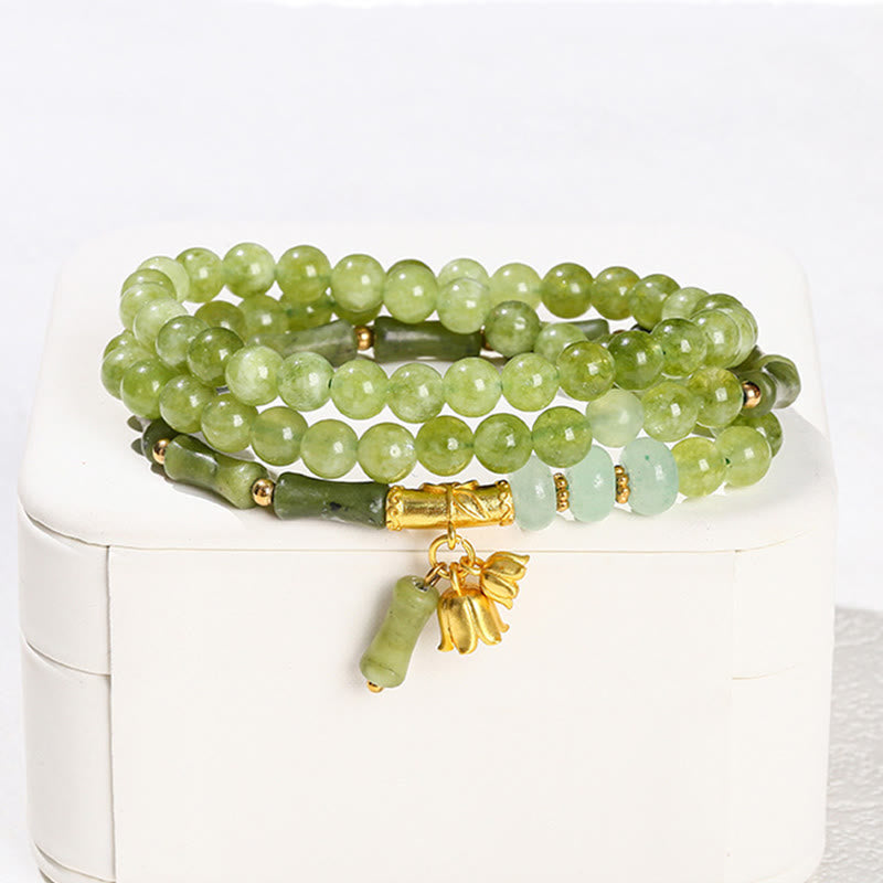 Buddha Stones Retro Multilayer Lily of the Valley Bamboo Green Chalcedony Strength Bracelet - image 3