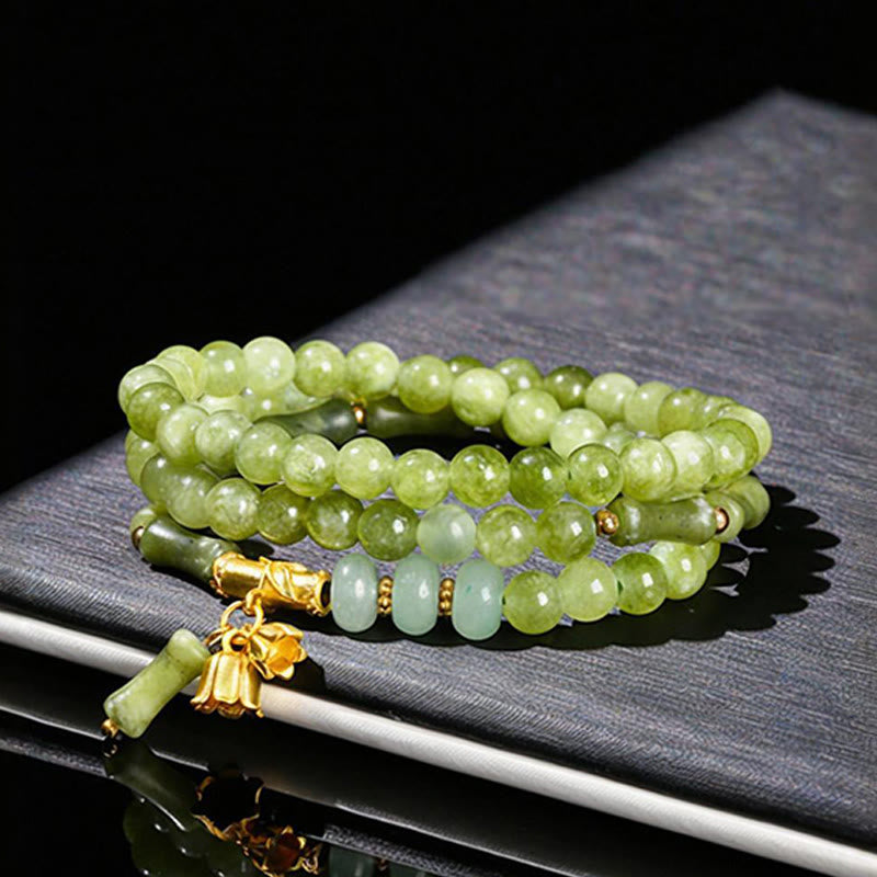 Buddha Stones Retro Multilayer Lily of the Valley Bamboo Green Chalcedony Strength Bracelet - image 2