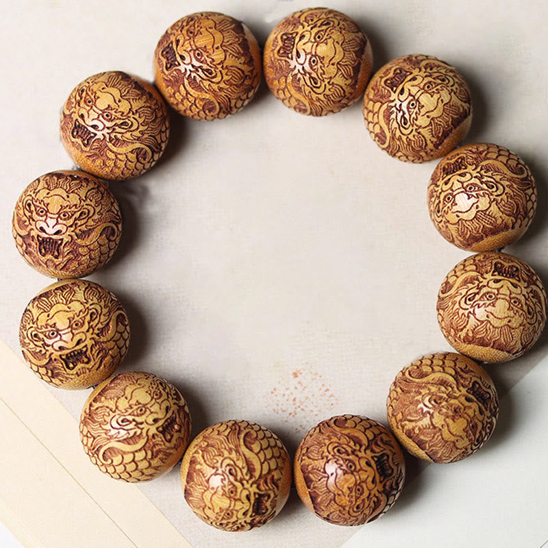 Buddha Stones Carving Sandalwood Dragon Keep Away Evil Spirits Bracelet - Sandalwood (Wrist Circumference: 18-21cm) - image 1