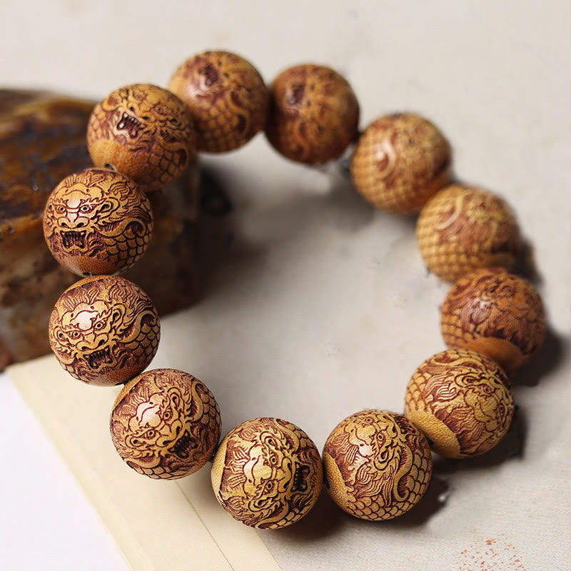 Buddha Stones Carving Sandalwood Dragon Keep Away Evil Spirits Bracelet - image 2