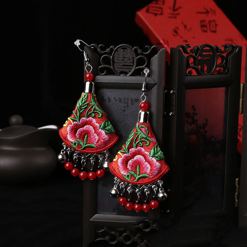 Buddha Stones Handmade Yi Embroidery Flower Harmony Earrings - Red & Red Flower(Alloy Posts) - image 4