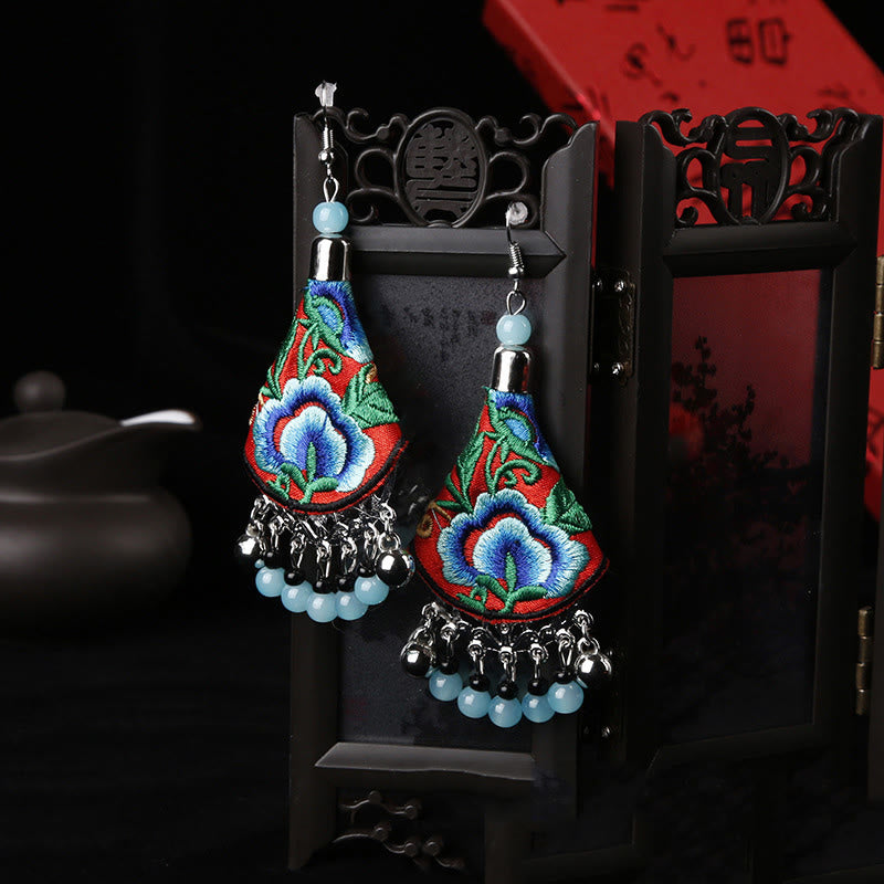 Buddha Stones Handmade Yi Embroidery Flower Harmony Earrings - Red & Blue Flower(Alloy Posts) - image 2