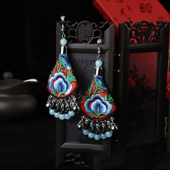 Buddha Stones Handmade Yi Embroidery Flower Harmony Earrings - Red & Blue Flower(Alloy Posts) - image 2
