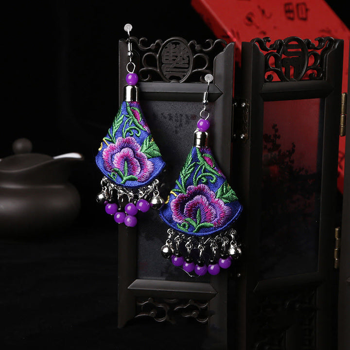 Buddha Stones Handmade Yi Embroidery Flower Harmony Earrings - Blue & Purple Flower(Alloy Posts) - image 3