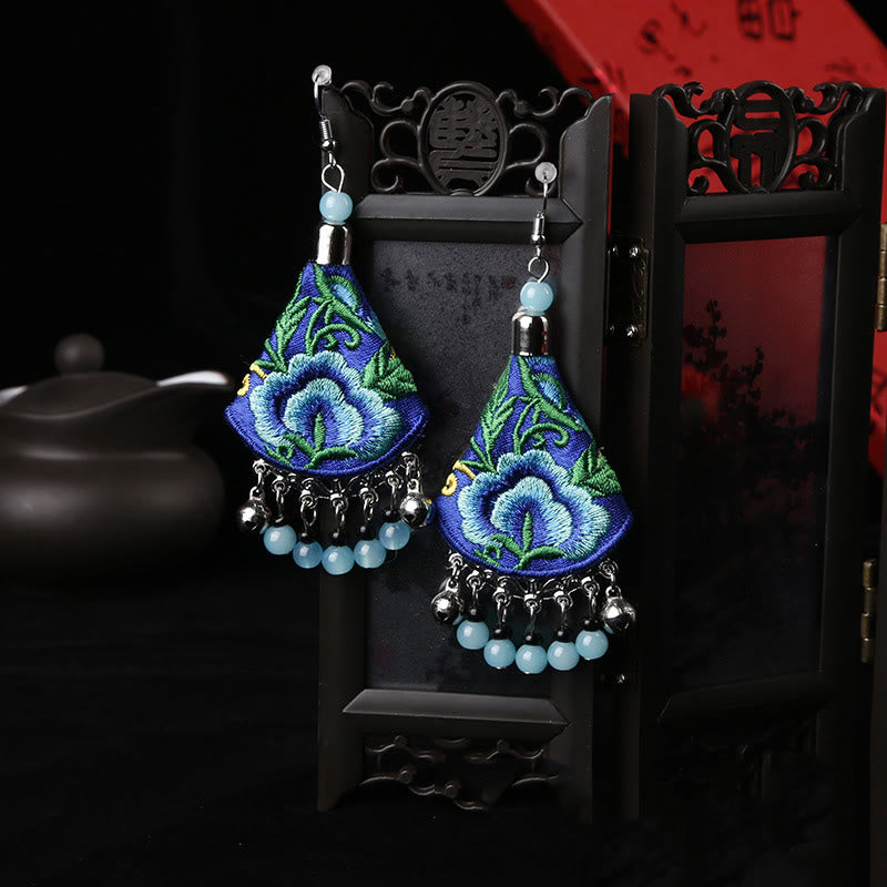 Buddha Stones Handmade Yi Embroidery Flower Harmony Earrings - Blue & Blue Flower(Alloy Posts) - image 1