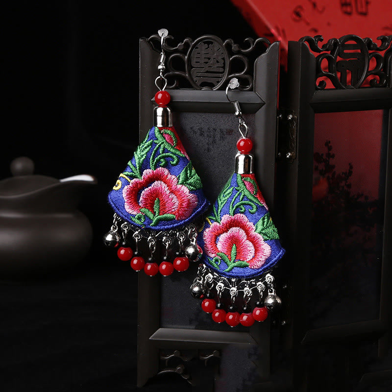 Buddha Stones Handmade Yi Embroidery Flower Harmony Earrings - Blue & Red Flower(Alloy Posts) - image 7