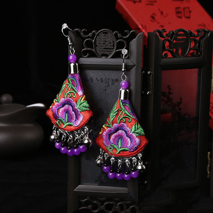 Buddha Stones Handmade Yi Embroidery Flower Harmony Earrings - Red & Purple Flower(Alloy Posts) - image 6