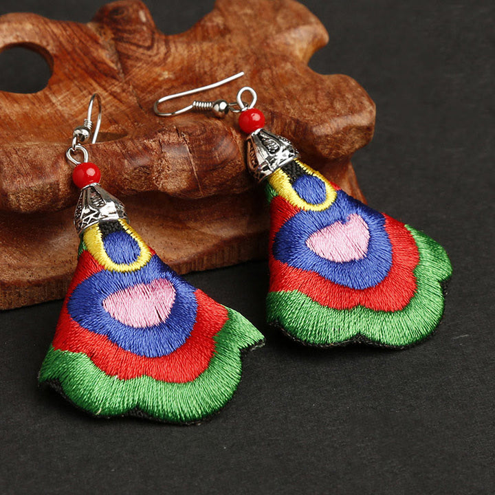 Buddha Stones Handmade Colorful Yi Embroidery Harmony Earrings - Outermost Color-Green(Alloy Posts) - image 3
