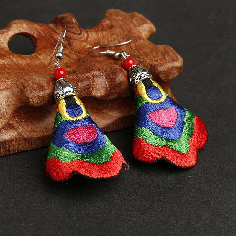 Buddha Stones Handmade Colorful Yi Embroidery Harmony Earrings - Outermost Color-Red(Alloy Posts) - image 1