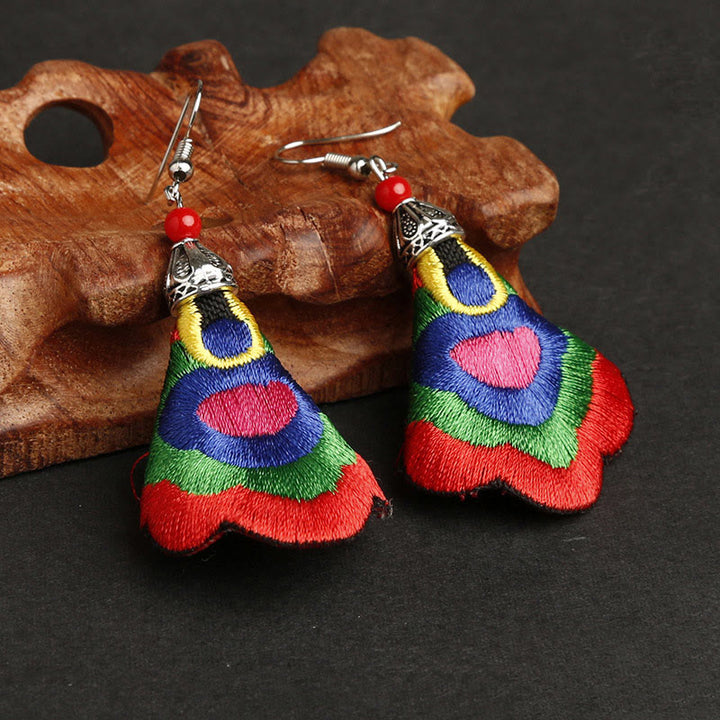 Buddha Stones Handmade Colorful Yi Embroidery Harmony Earrings - Outermost Color-Red(Alloy Posts) - image 1