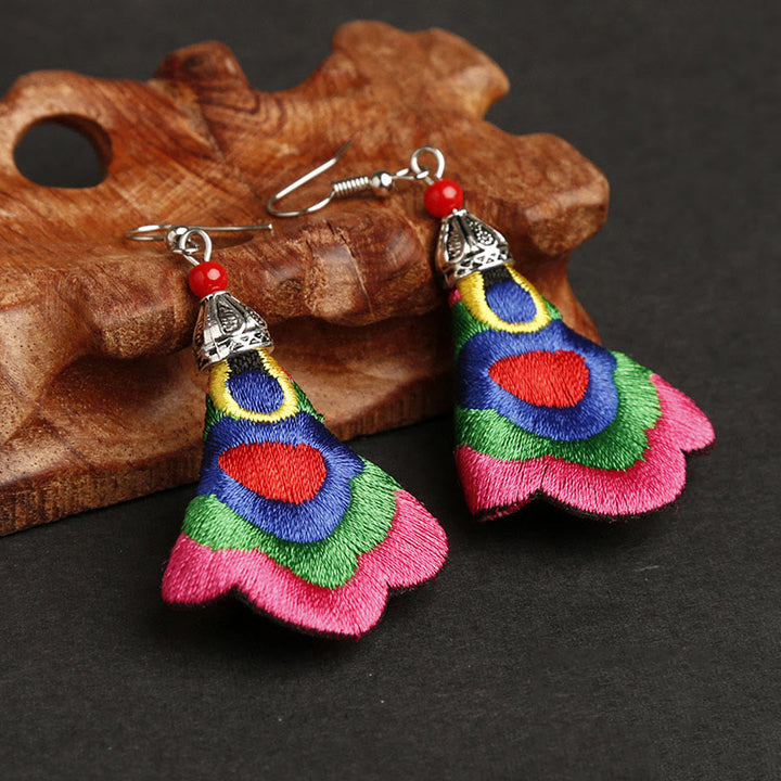 Buddha Stones Handmade Colorful Yi Embroidery Harmony Earrings - Outermost Color-Rose Red(Alloy Posts) - image 6