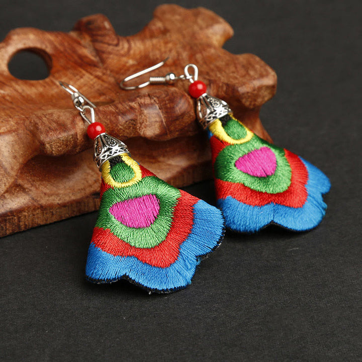 Buddha Stones Handmade Colorful Yi Embroidery Harmony Earrings - Outermost Color-Sky Blue(Alloy Posts) - image 7