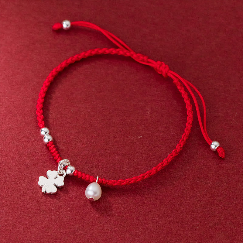 Buddha Stones Retro 925 Sterling Silver Four Leaf Clover Pearl Luck Red String Bracelet - image 2