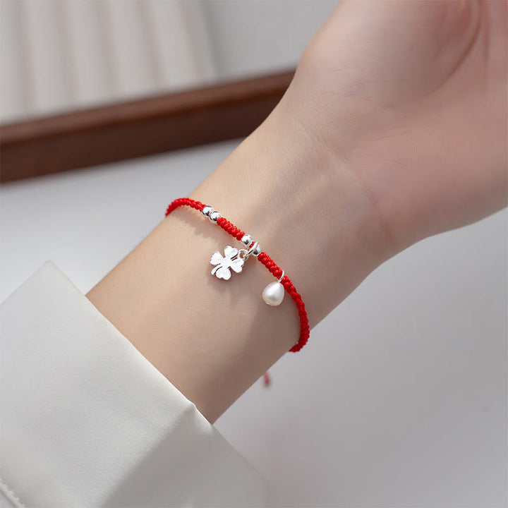 Buddha Stones Retro 925 Sterling Silver Four Leaf Clover Pearl Luck Red String Bracelet - image 10