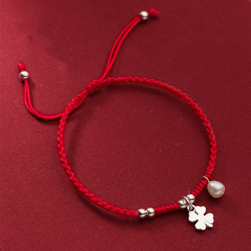 Buddha Stones Retro 925 Sterling Silver Four Leaf Clover Pearl Luck Red String Bracelet - 925 Sterling Silver(Wrist Circumference: 15-18cm) - image 1