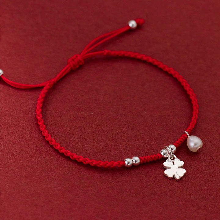Buddha Stones Retro 925 Sterling Silver Four Leaf Clover Pearl Luck Red String Bracelet - image 3