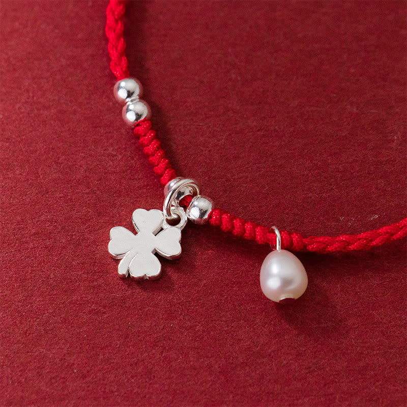 Buddha Stones Retro 925 Sterling Silver Four Leaf Clover Pearl Luck Red String Bracelet - image 4