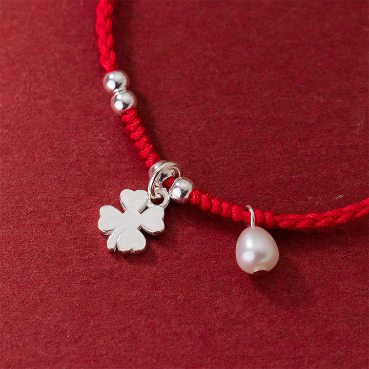 Buddha Stones Retro 925 Sterling Silver Four Leaf Clover Pearl Luck Red String Bracelet - image 4